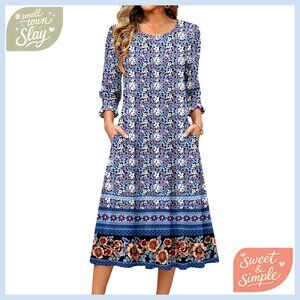 Floral Midi Dress with Pockets, 3/4 Sleeve Casual Summer Dress